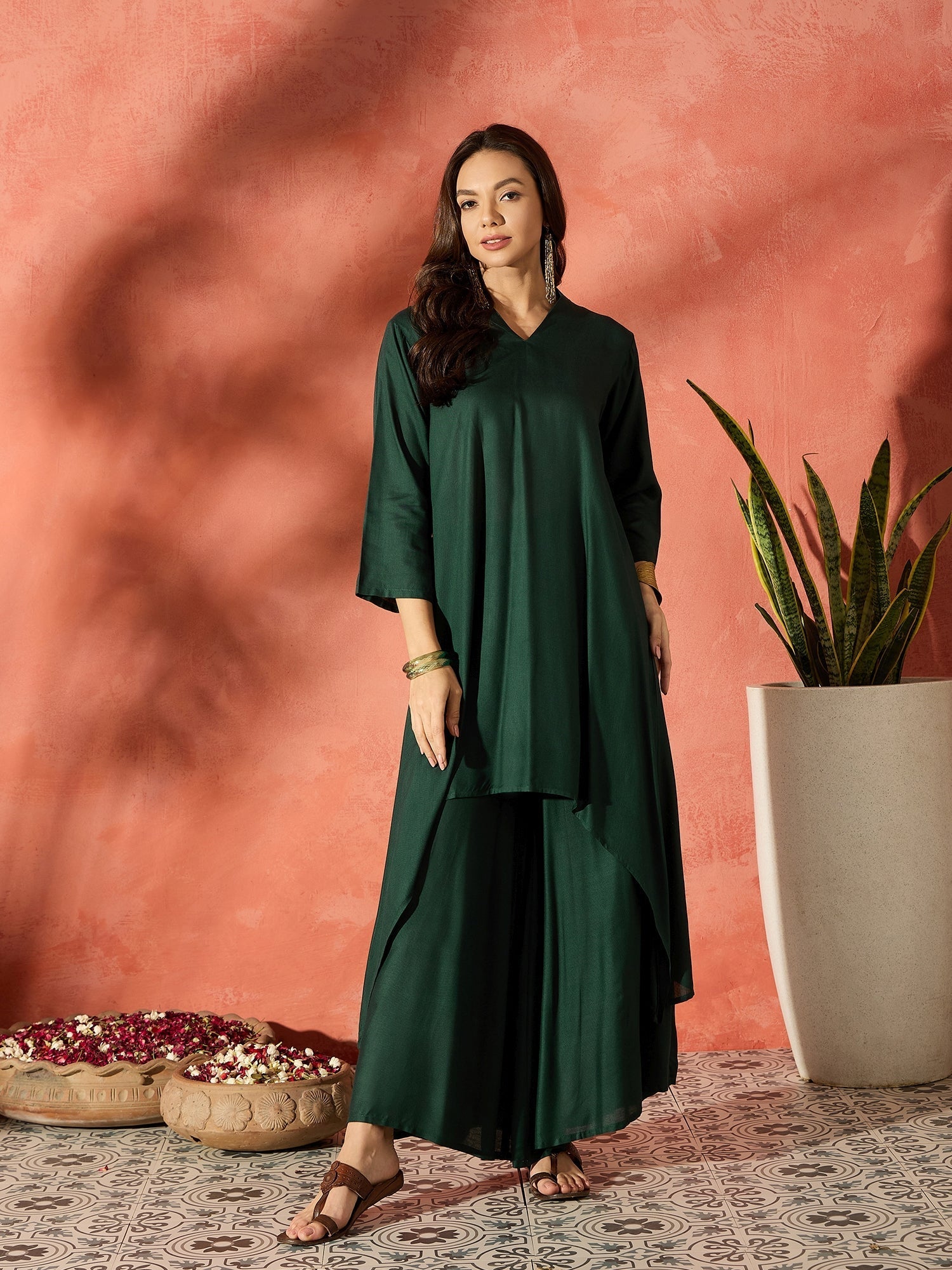 InWeave Dark Green Mandarin Neck High Low Kurta Set - Distacart