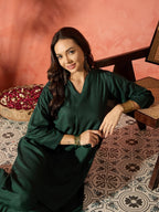 InWeave Dark Green Mandarin Neck High Low Kurta Set - Distacart