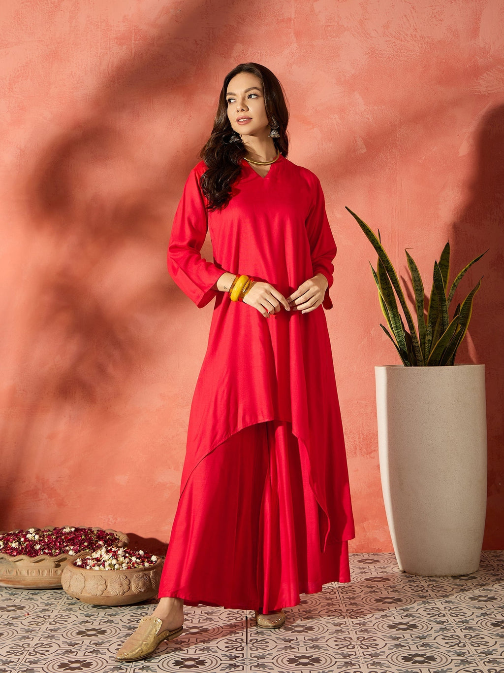 InWeave Red Mandarin Neck High Low Kurta Set
