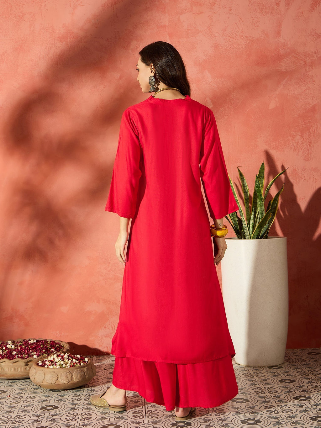 InWeave Red Mandarin Neck High Low Kurta Set