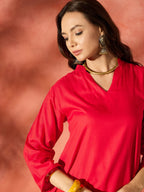 InWeave Red Mandarin Neck High Low Kurta Set
