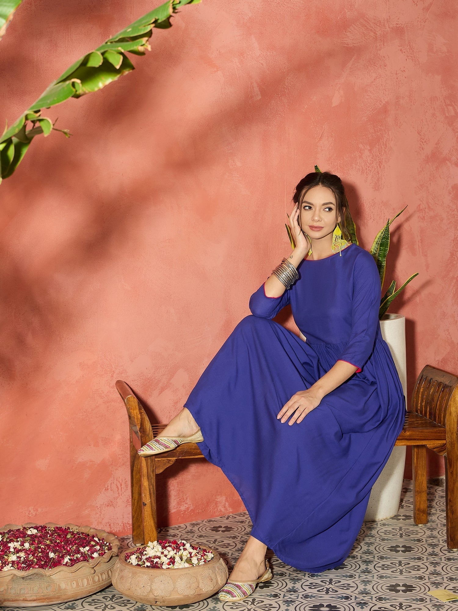 InWeave Ink Blue Long Anarkali Kurta Pant Set