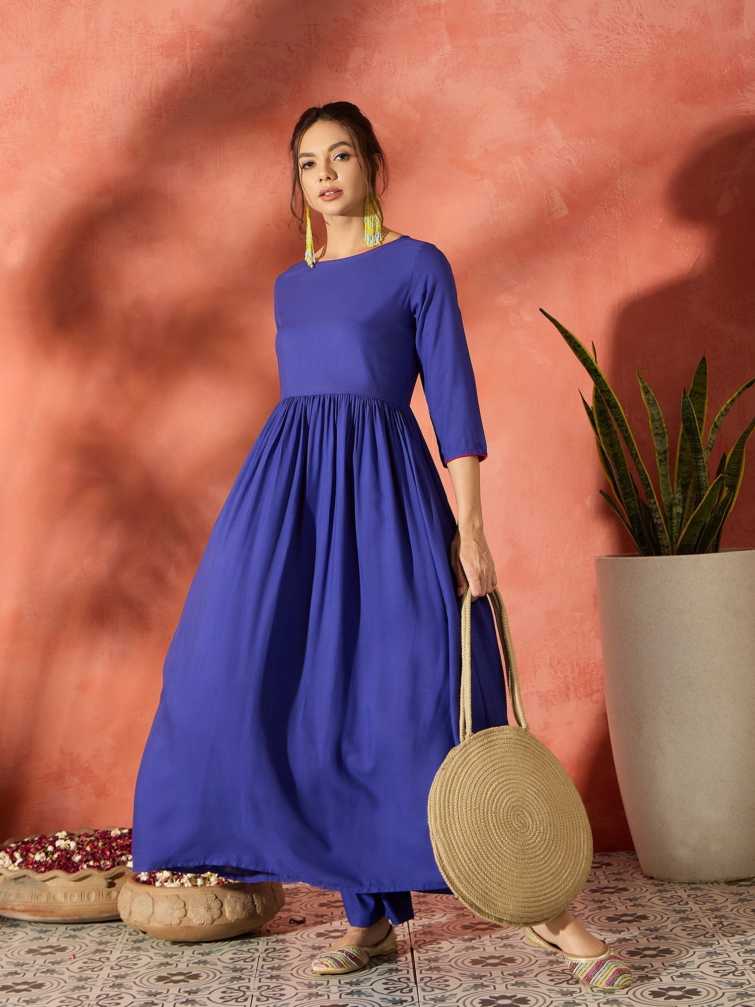 InWeave Ink Blue Long Anarkali Kurta Pant Set
