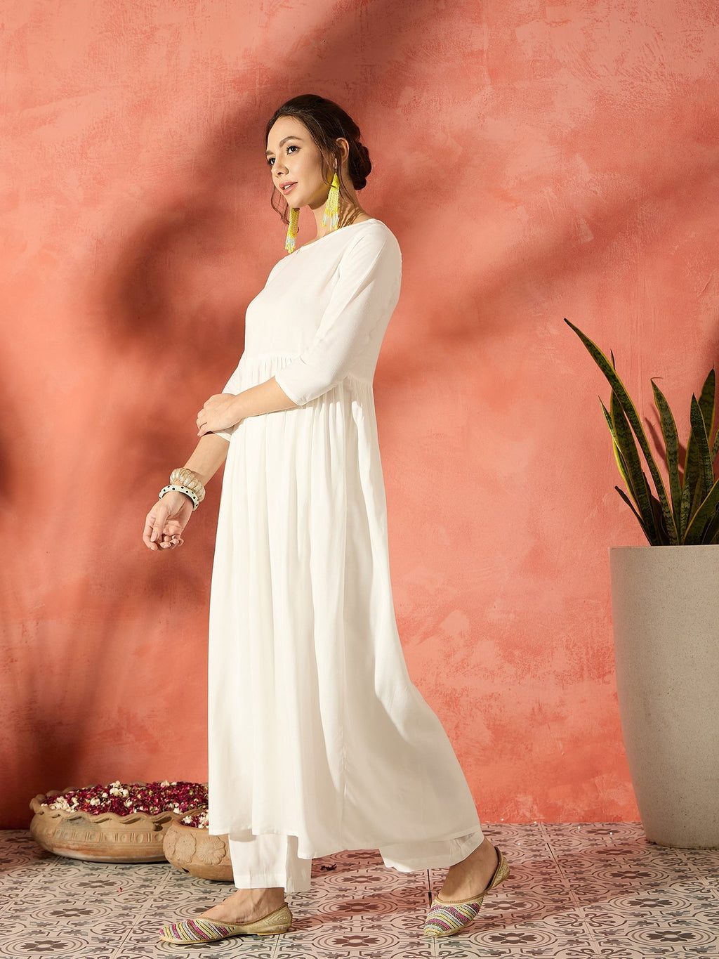 InWeave White Long Anarkali Kurta Pant Set