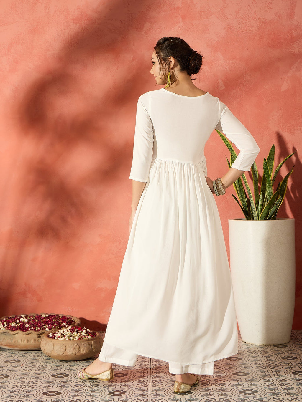 InWeave White Long Anarkali Kurta Pant Set