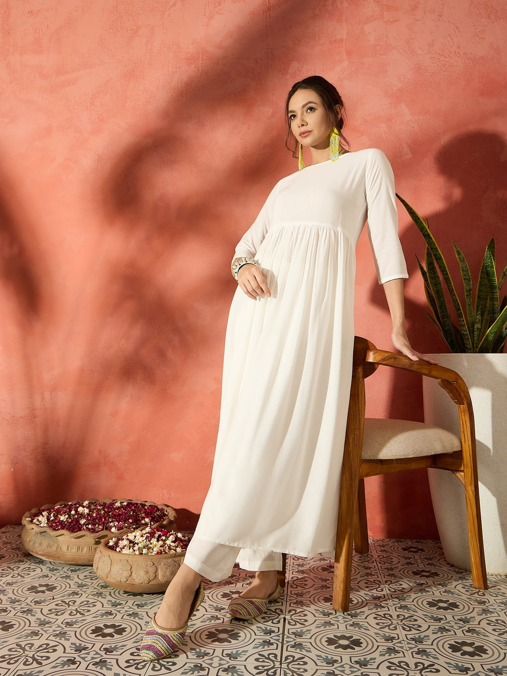 InWeave White Long Anarkali Kurta Pant Set