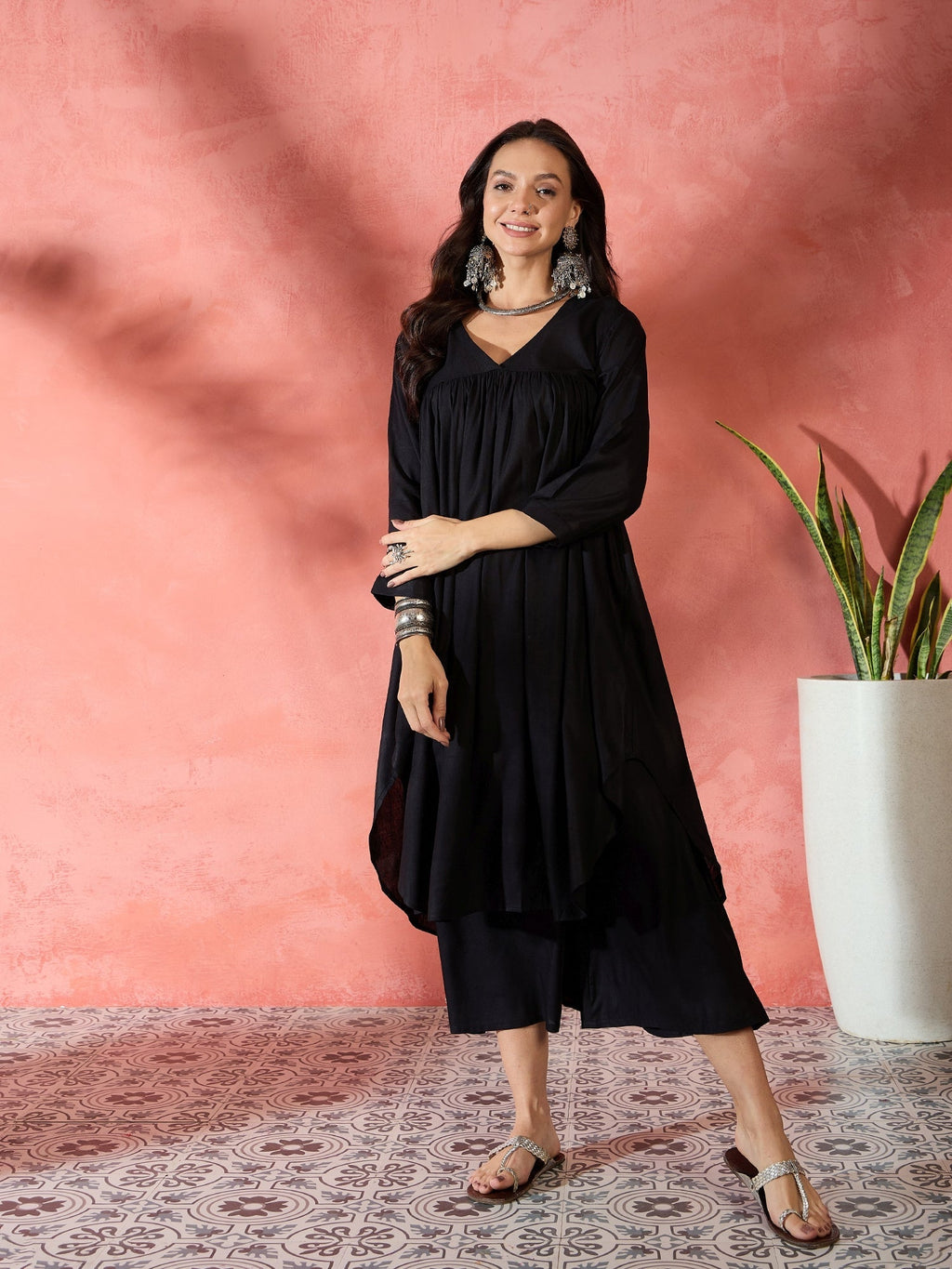 InWeave Black V-Neck Flared Kurta Short Palazzo Set