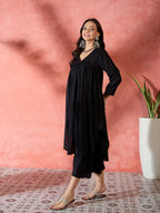 InWeave Black V-Neck Flared Kurta Short Palazzo Set