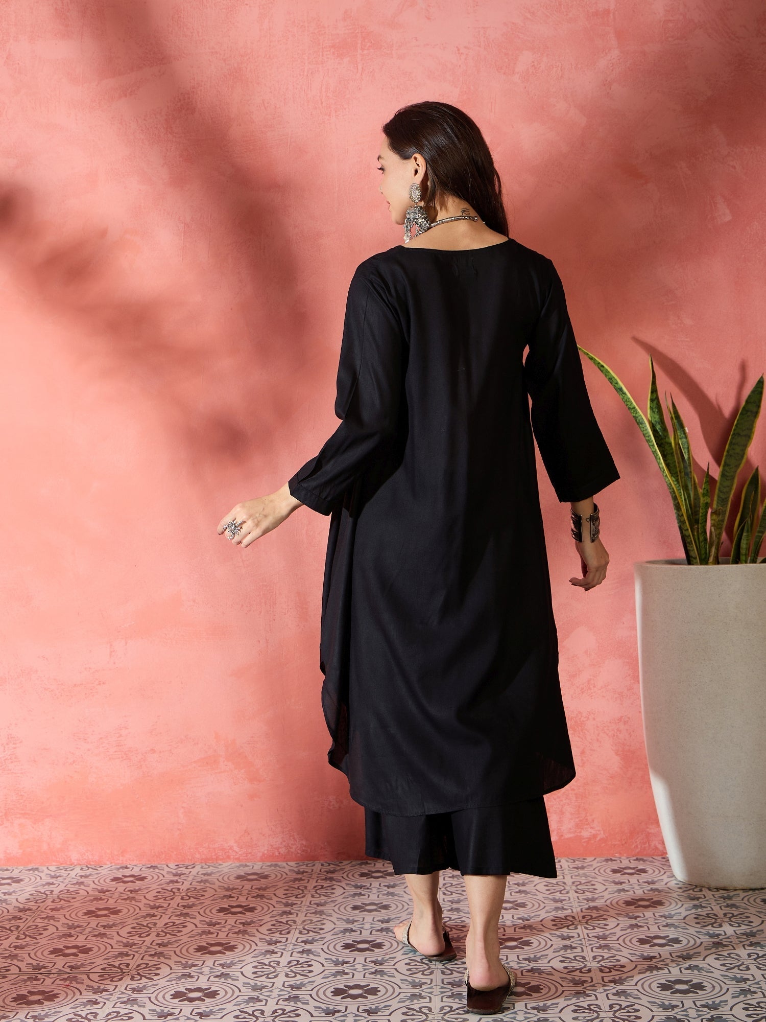 InWeave Black V-Neck Flared Kurta Short Palazzo Set