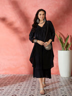 InWeave Black V-Neck Flared Kurta Short Palazzo Set