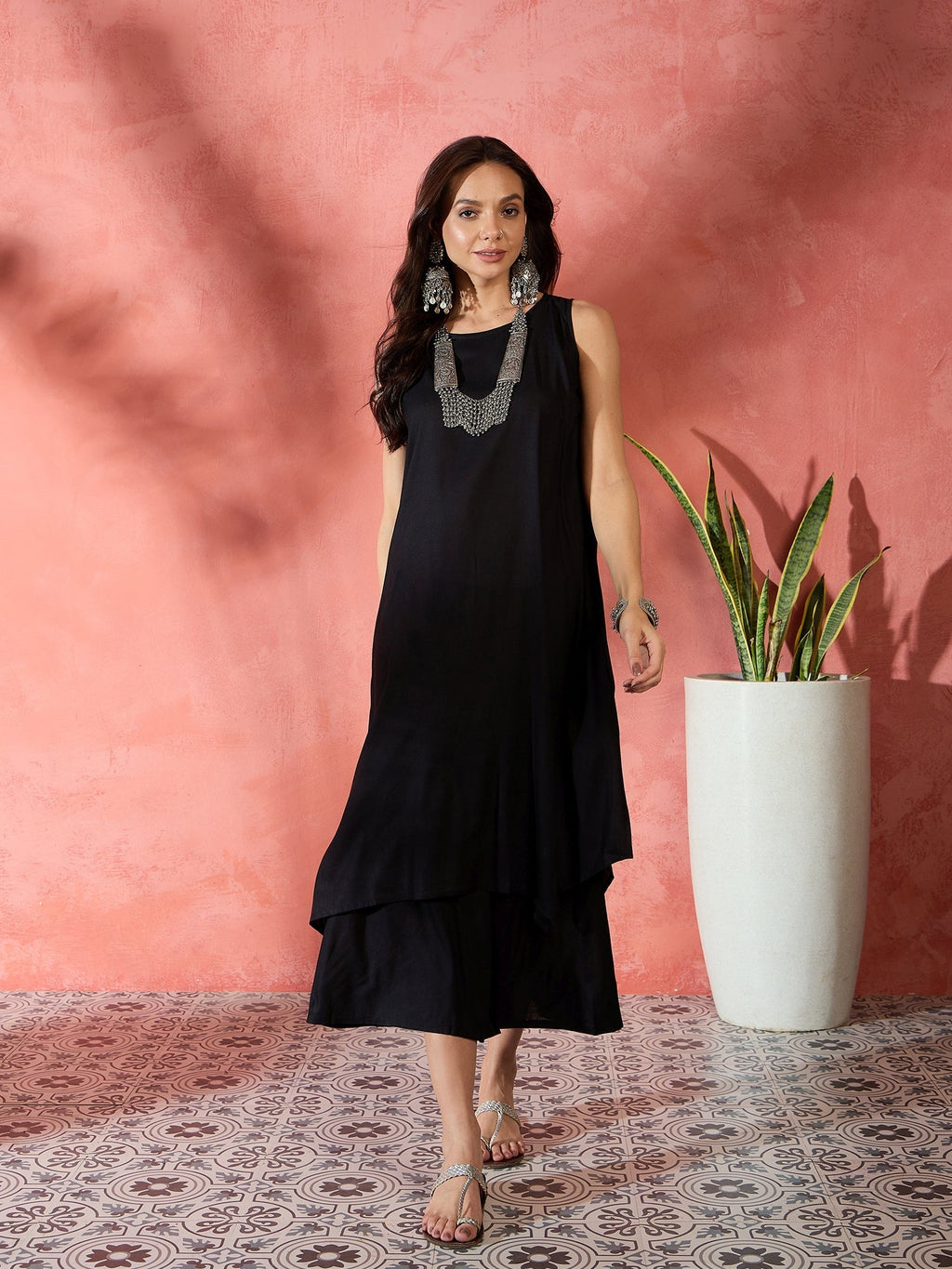 InWeave Black Kurta Short Palazzo Set