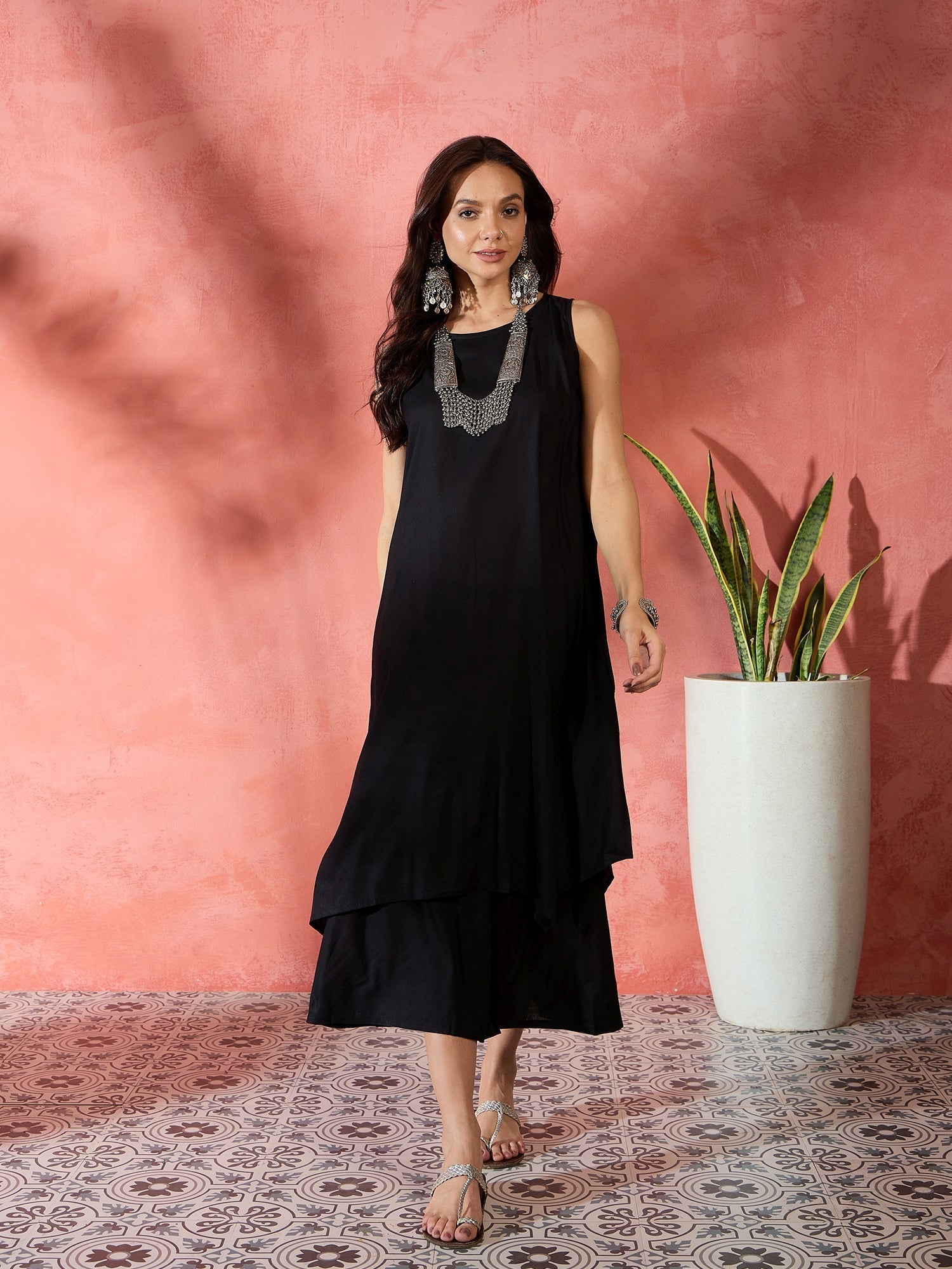 InWeave Black Kurta Short Palazzo Set