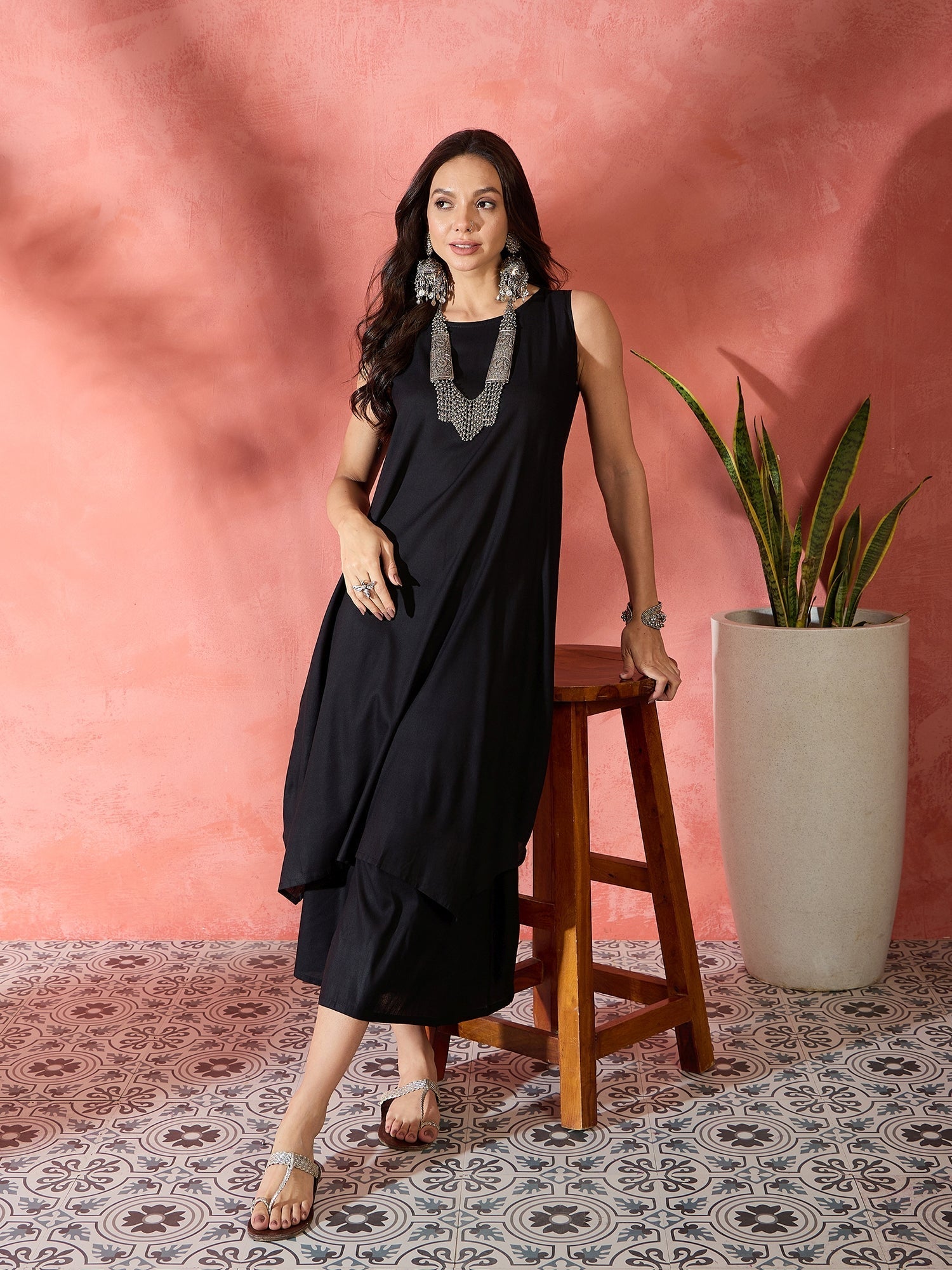 InWeave Black Kurta Short Palazzo Set