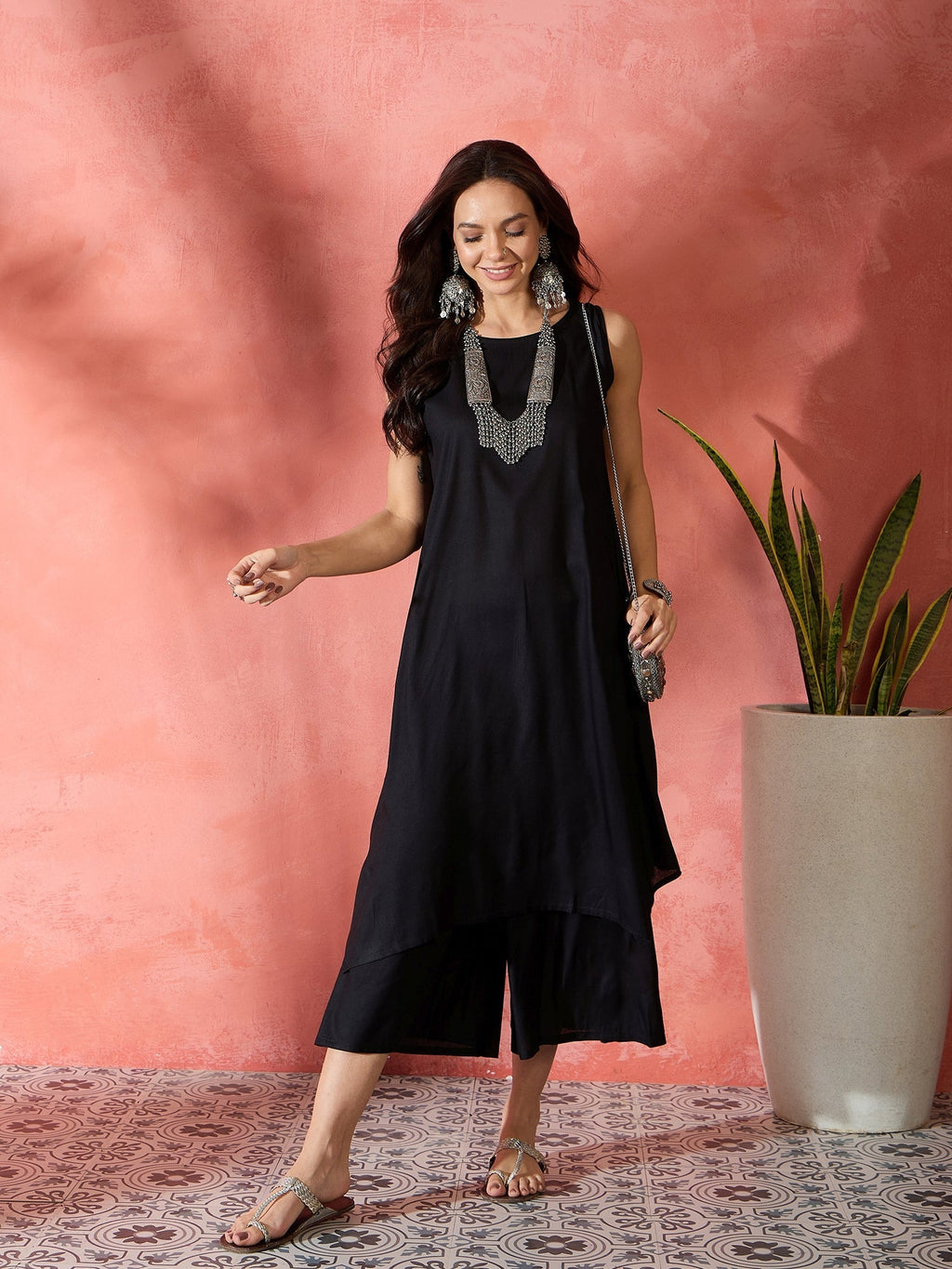 InWeave Black Kurta Short Palazzo Set