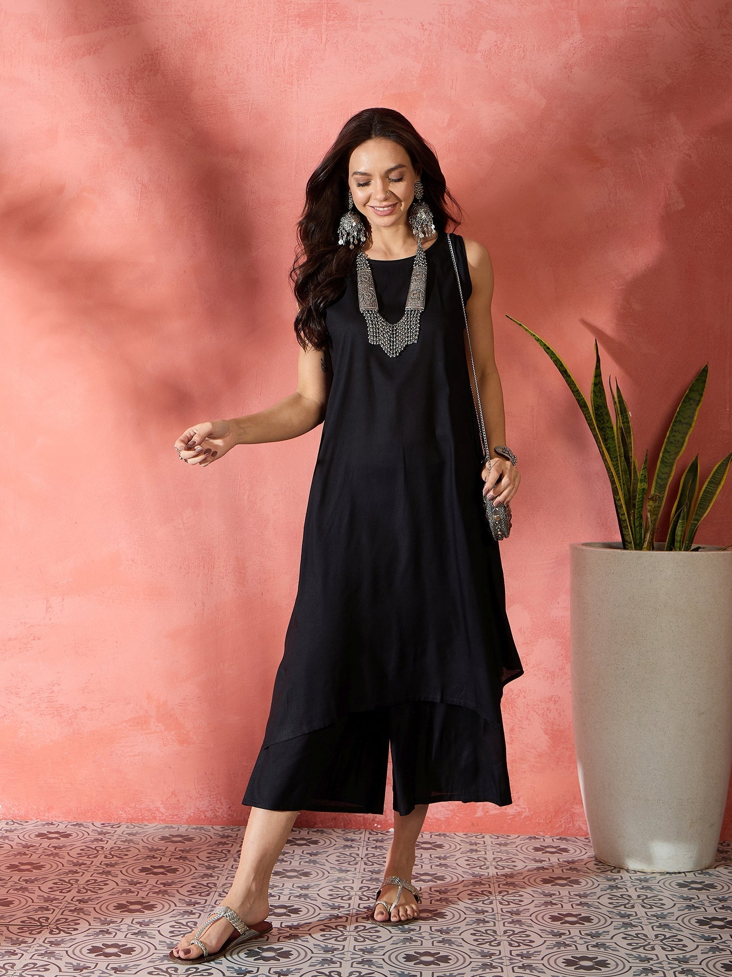 InWeave Black Kurta Short Palazzo Set
