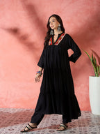 InWeave Black Solid Flared Lace Kurta Pant Set