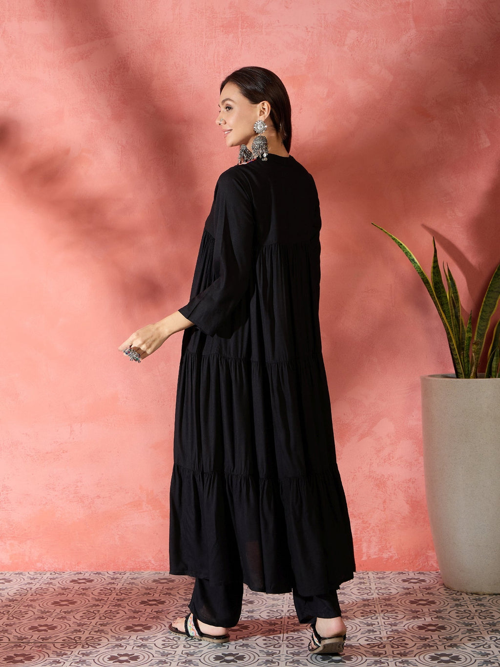 InWeave Black Solid Flared Lace Kurta Pant Set