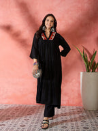 InWeave Black Solid Flared Lace Kurta Pant Set