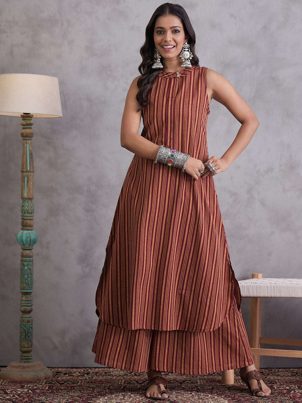 InWeave Maroon Orange Striped Kurta Set - Distacart