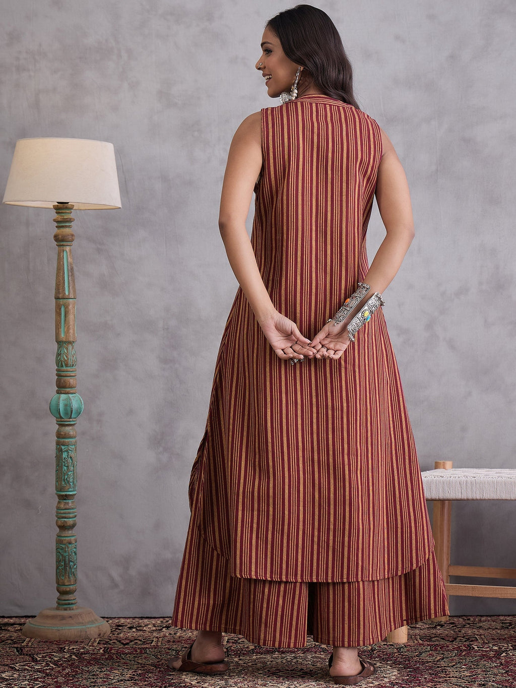 InWeave Maroon Orange Striped Kurta Set - Distacart