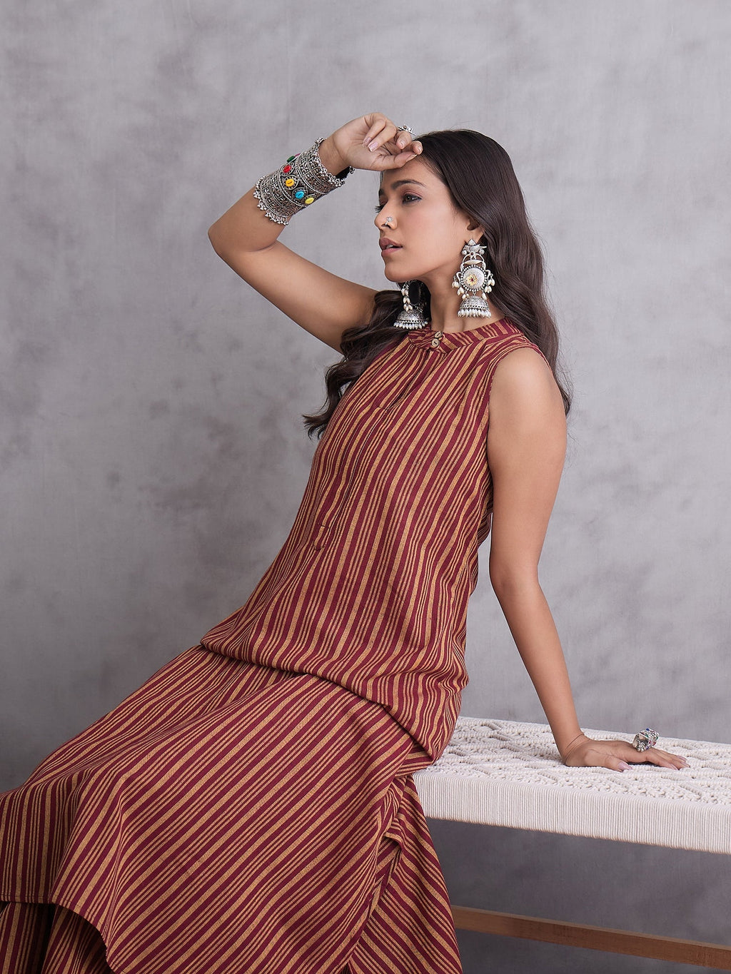 InWeave Maroon Orange Striped Kurta Set - Distacart