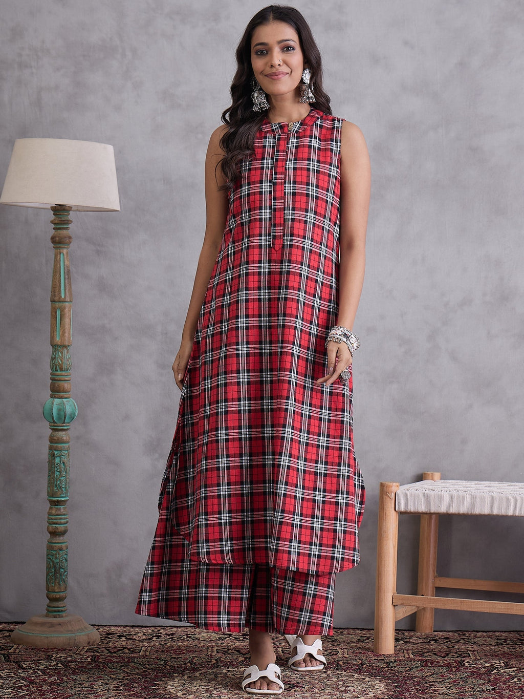 InWeave Red Black Check Kurta Set