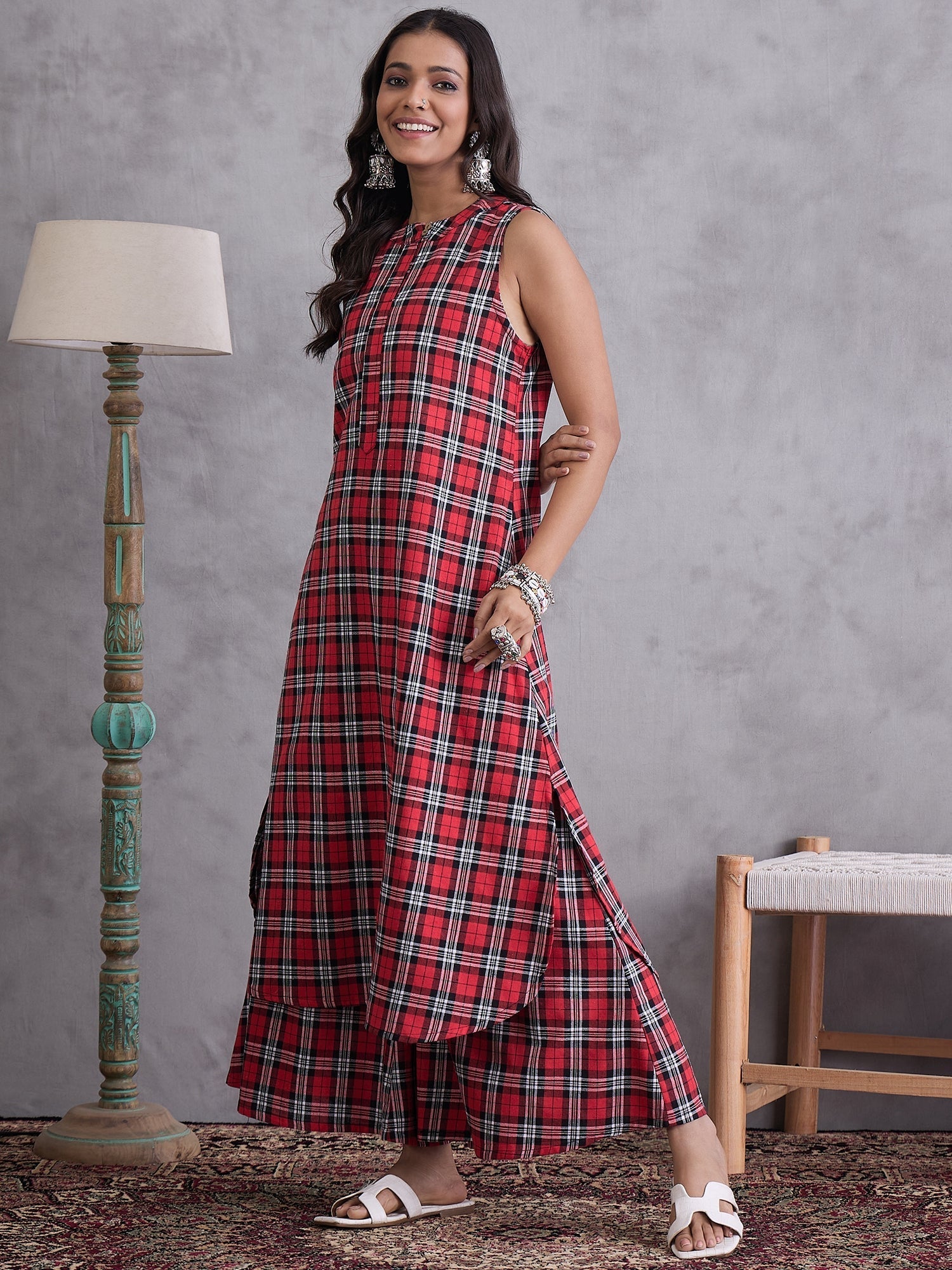 InWeave Red Black Check Kurta Set
