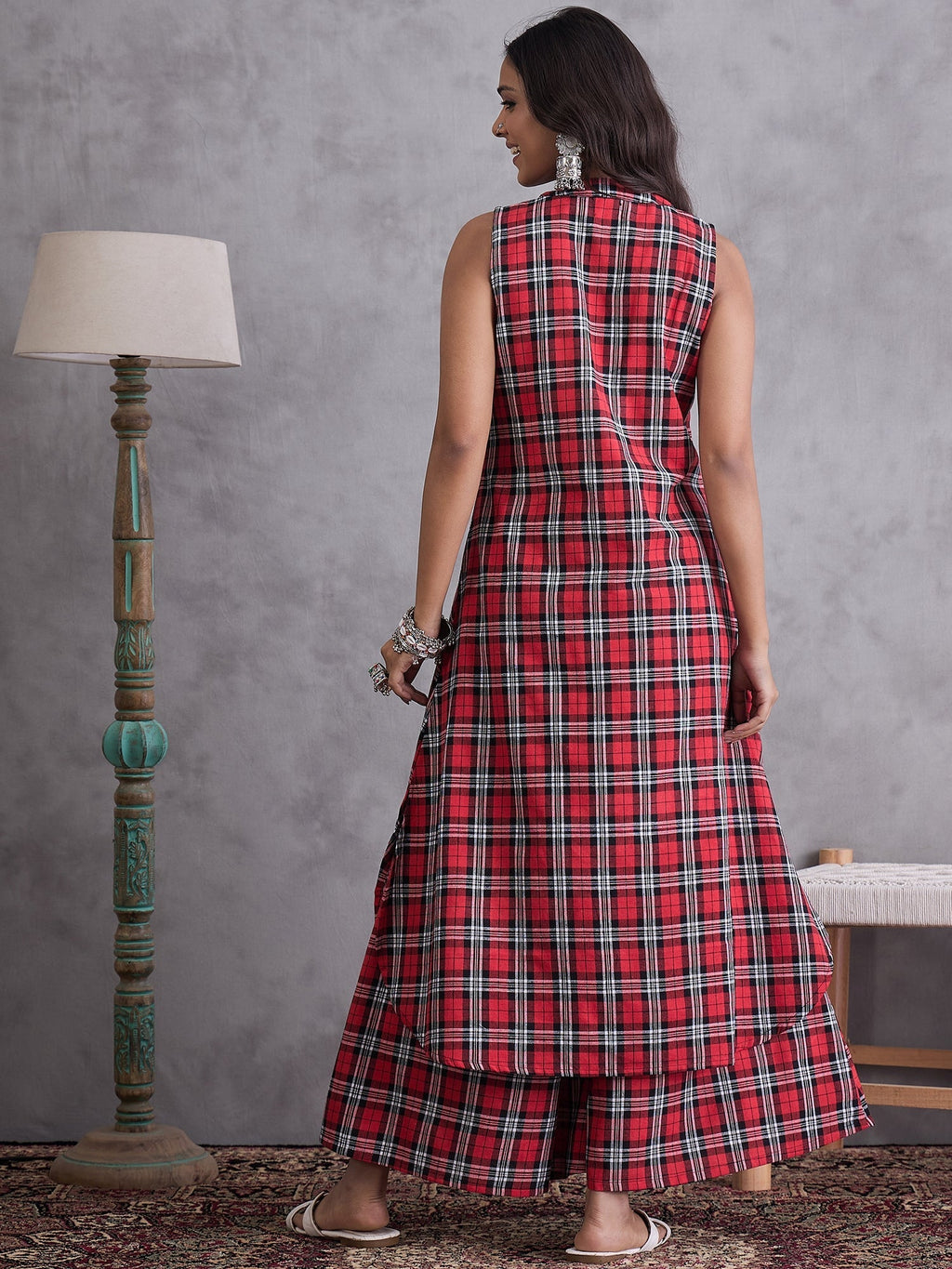 InWeave Red Black Check Kurta Set