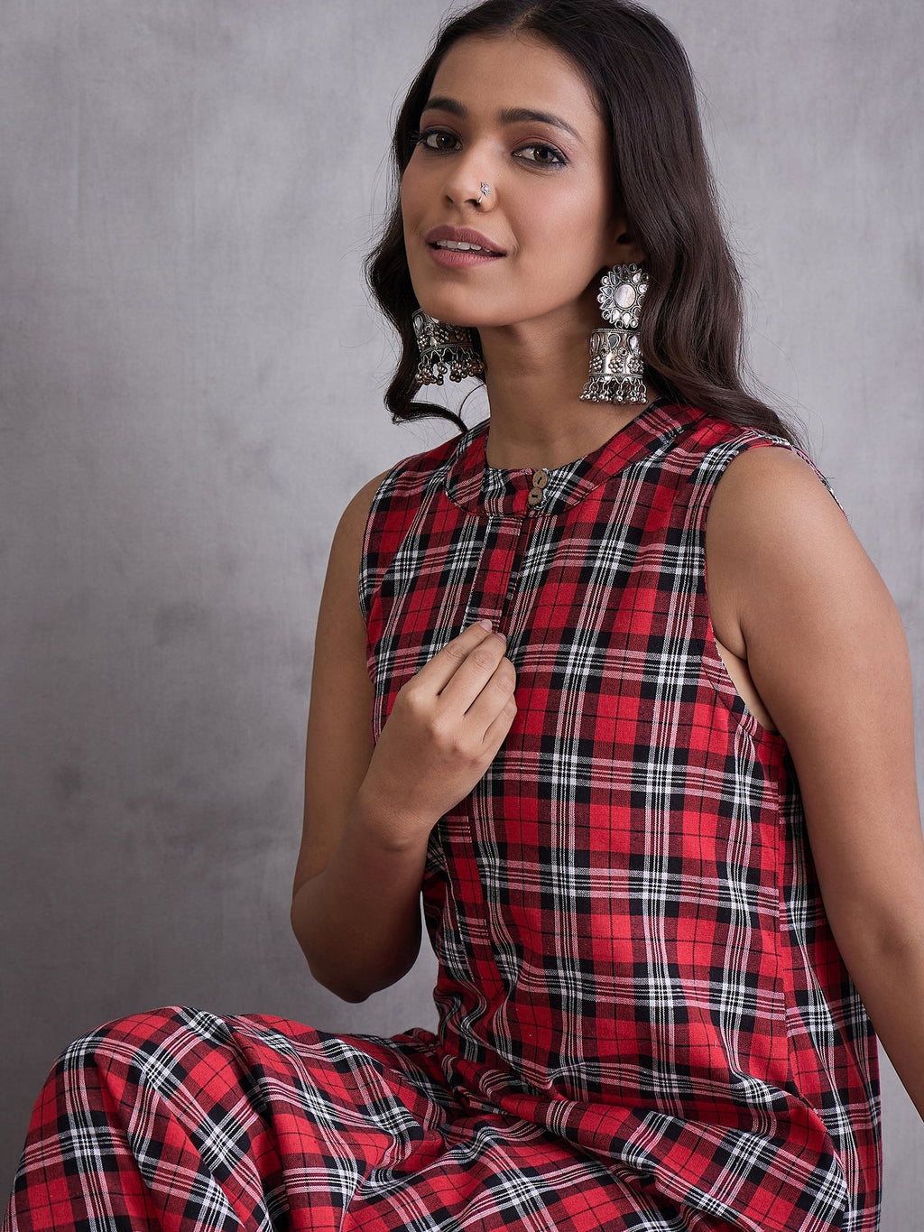 InWeave Red Black Check Kurta Set