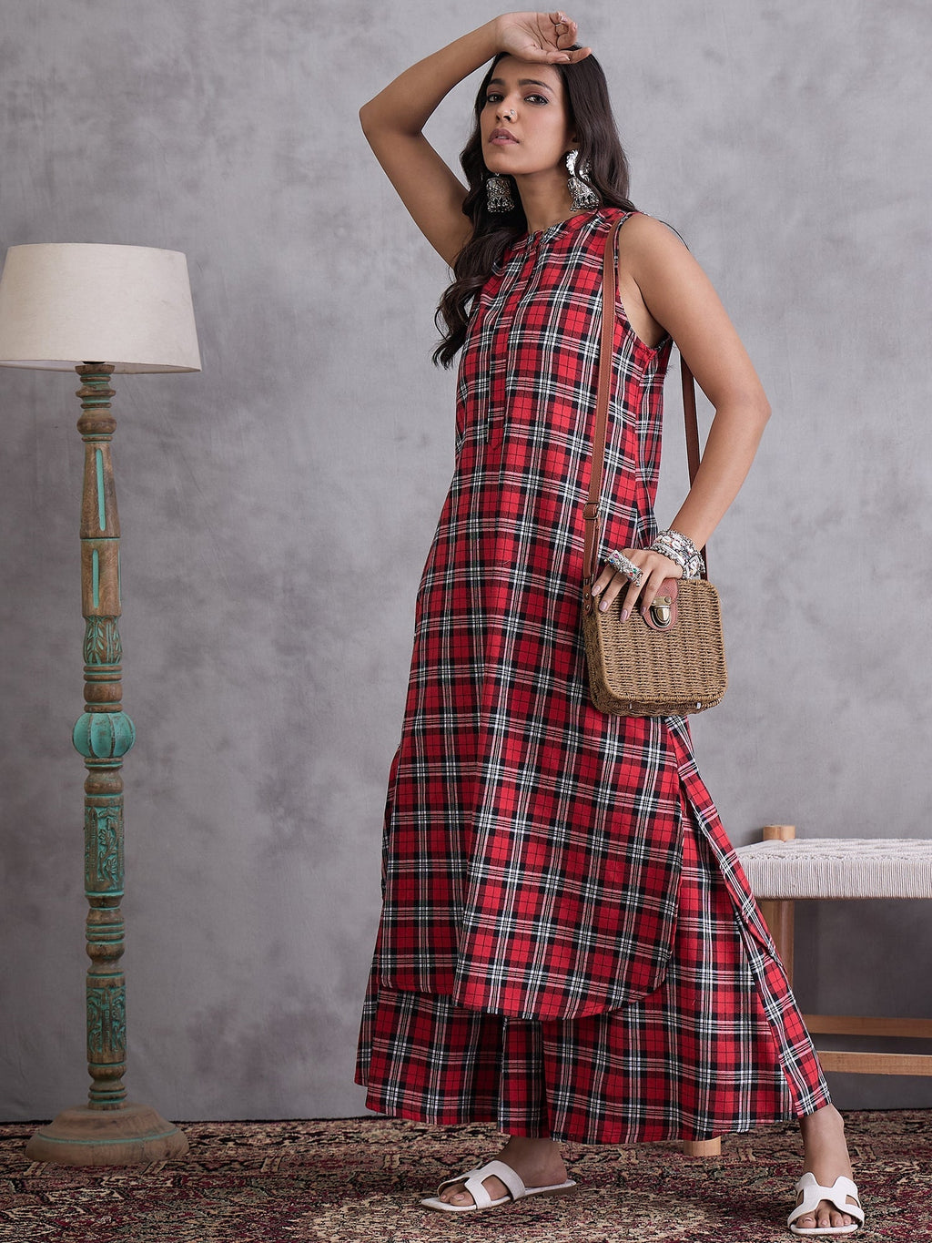 InWeave Red Black Check Kurta Set
