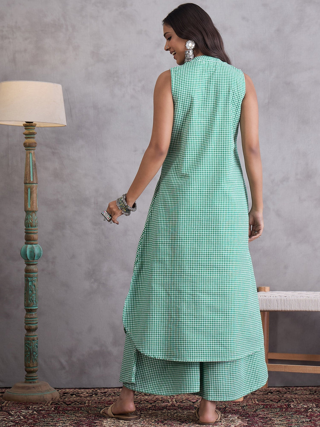 InWeave Green Small Check Kurta Set