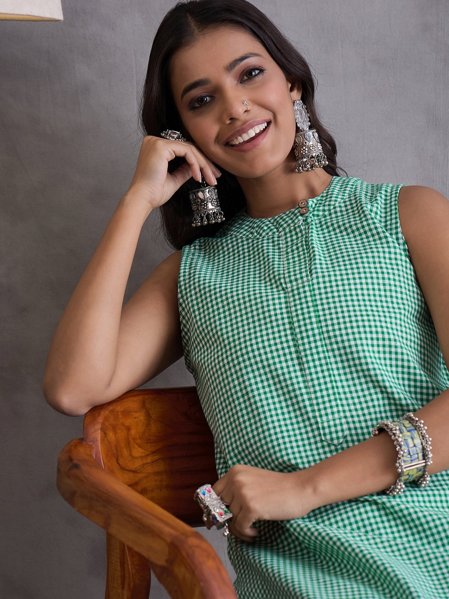 InWeave Green Small Check Kurta Set