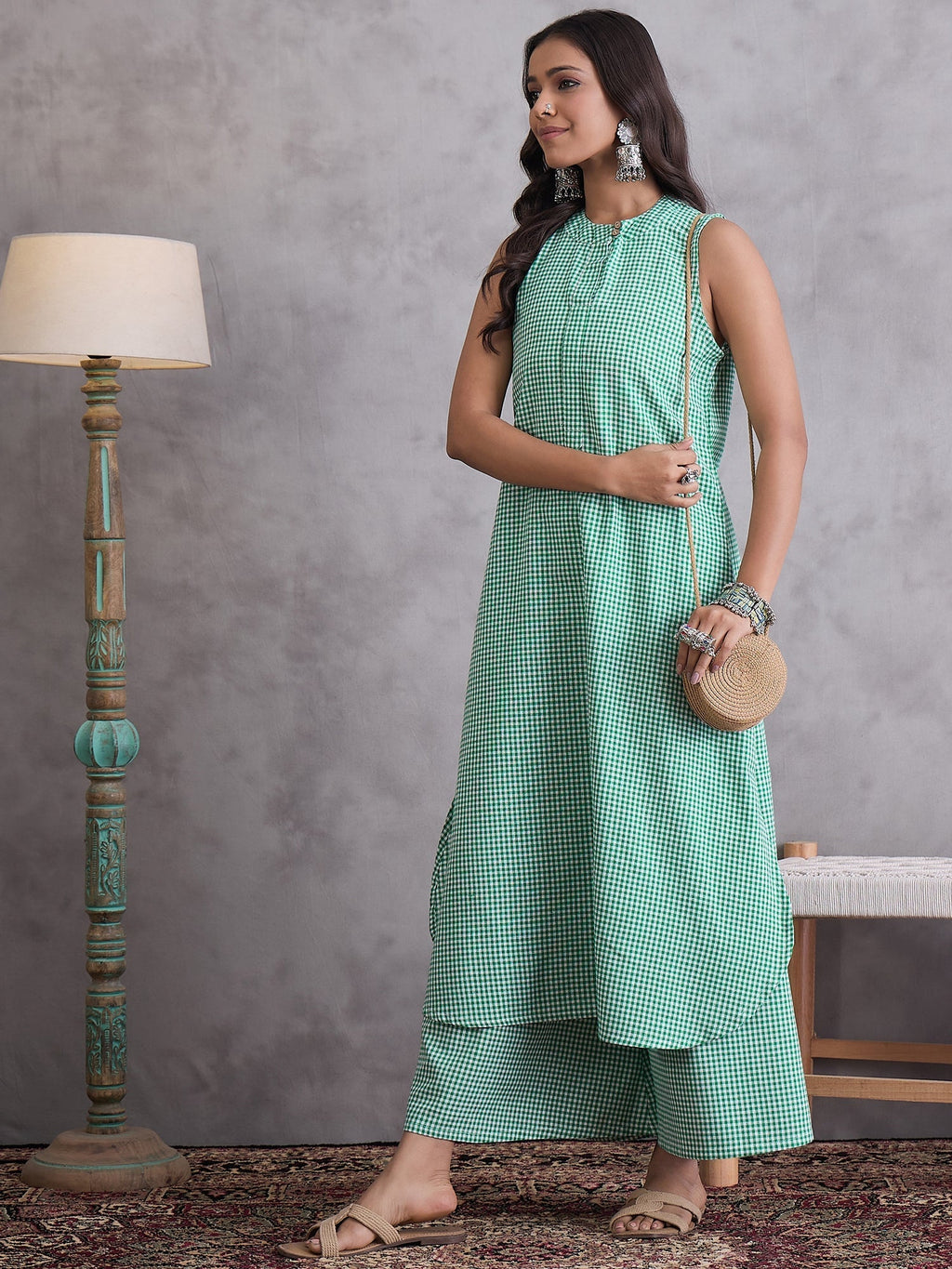 InWeave Green Small Check Kurta Set