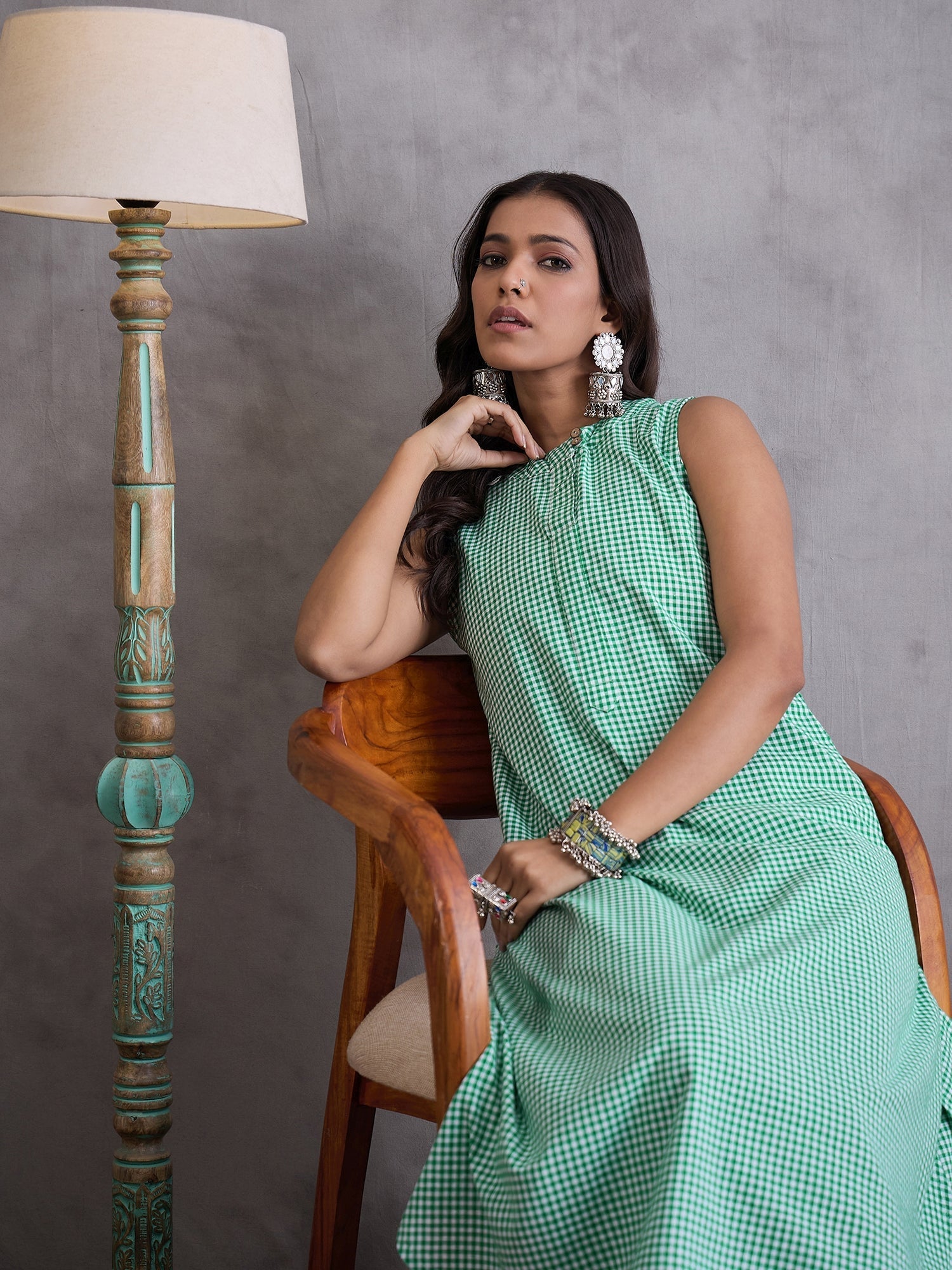 InWeave Green Small Check Kurta Set