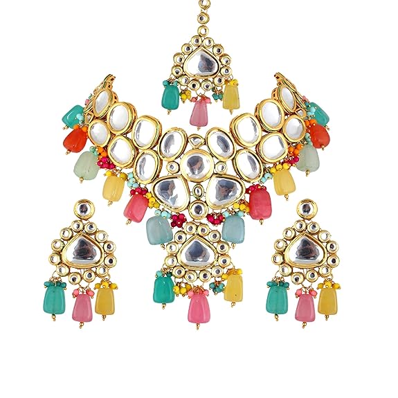 Tehzeeb Creations Back Meenakari Gold-Polished Multicolor Color Tika Earring Jewellery Set Uncut Big Faux Kundan Dibbi Kundan Choker Necklace Set
