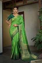Vardha Emerald Green Banarasi Raw Silk Saree
