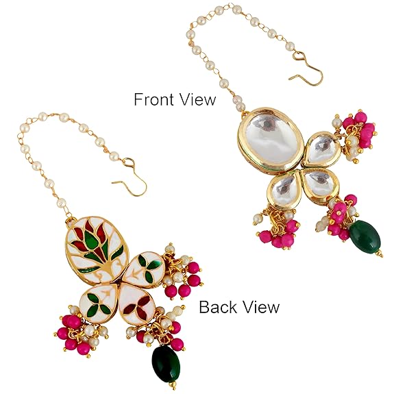 Tehzeeb Creations Back Meenakari Gold-Polished Multi Color Tika Earring Combo Uncut Big Faux Kundan Choker Necklace set
