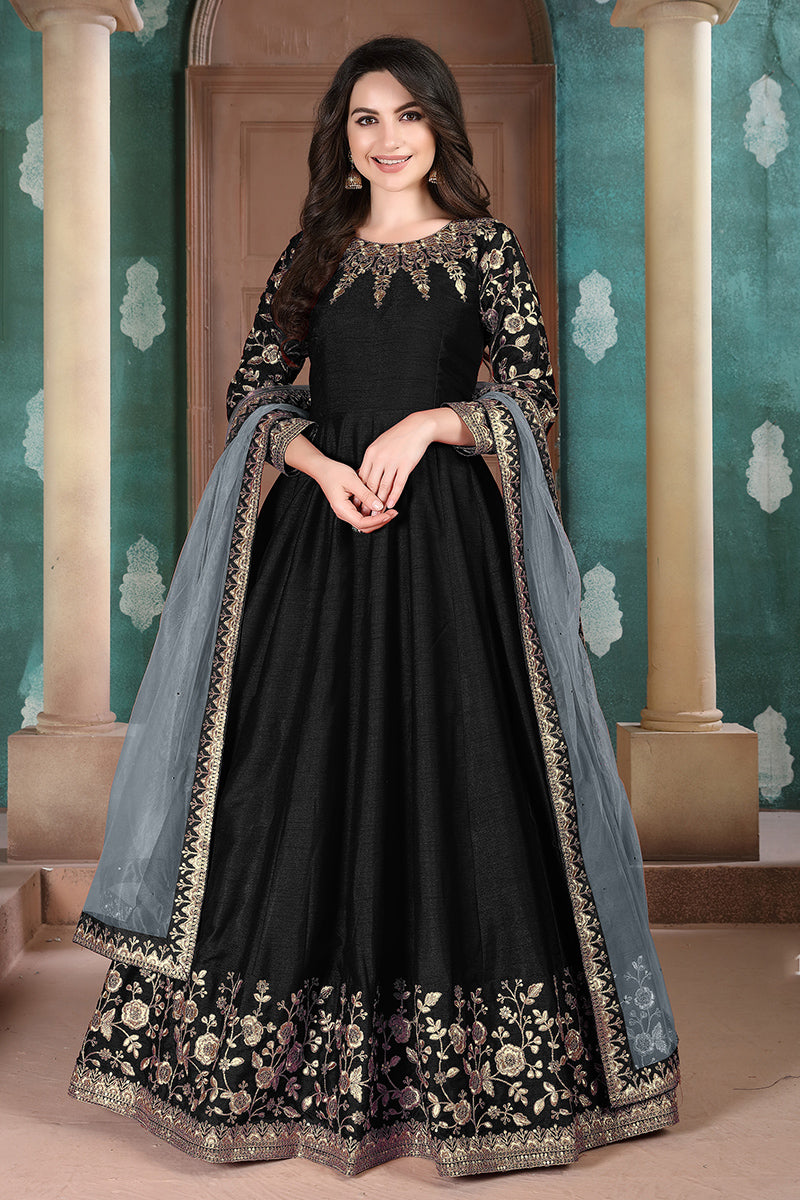 Monjolika Fashion Black Color Silk Embroidered Anarkali Suit - Distacart
