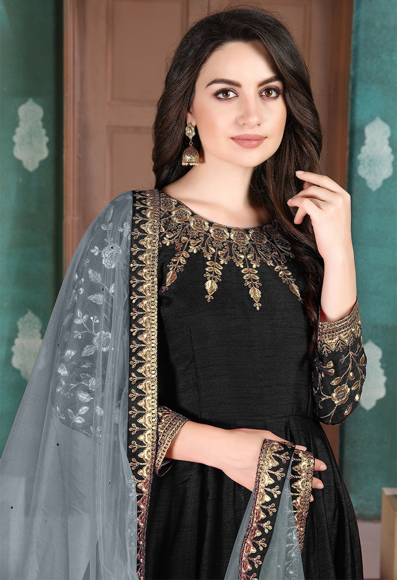 Monjolika Fashion Black Color Silk Embroidered Anarkali Suit - Distacart
