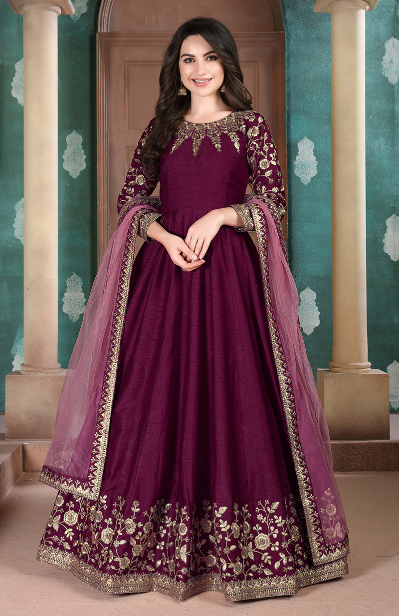 Monjolika Fashion Magenta Color Silk Embroidered Anarkali Suit - Distacart