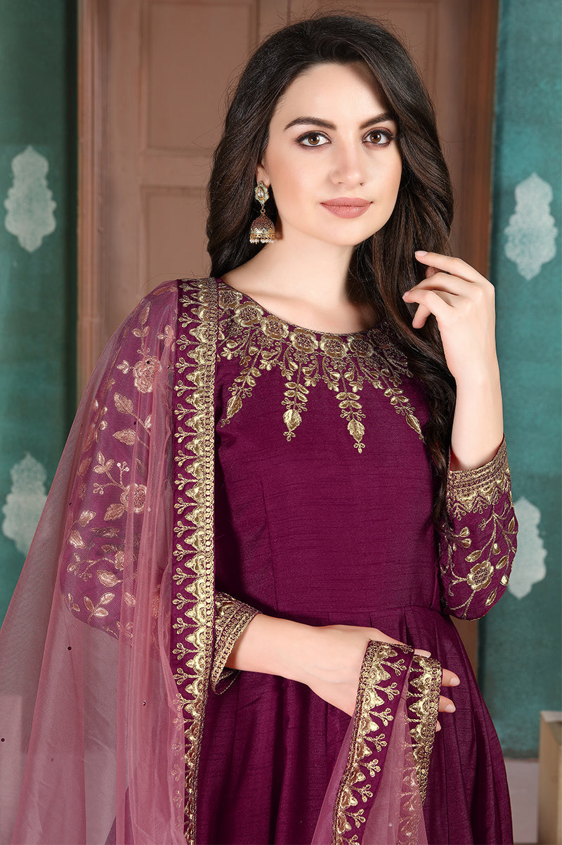 Monjolika Fashion Magenta Color Silk Embroidered Anarkali Suit - Distacart