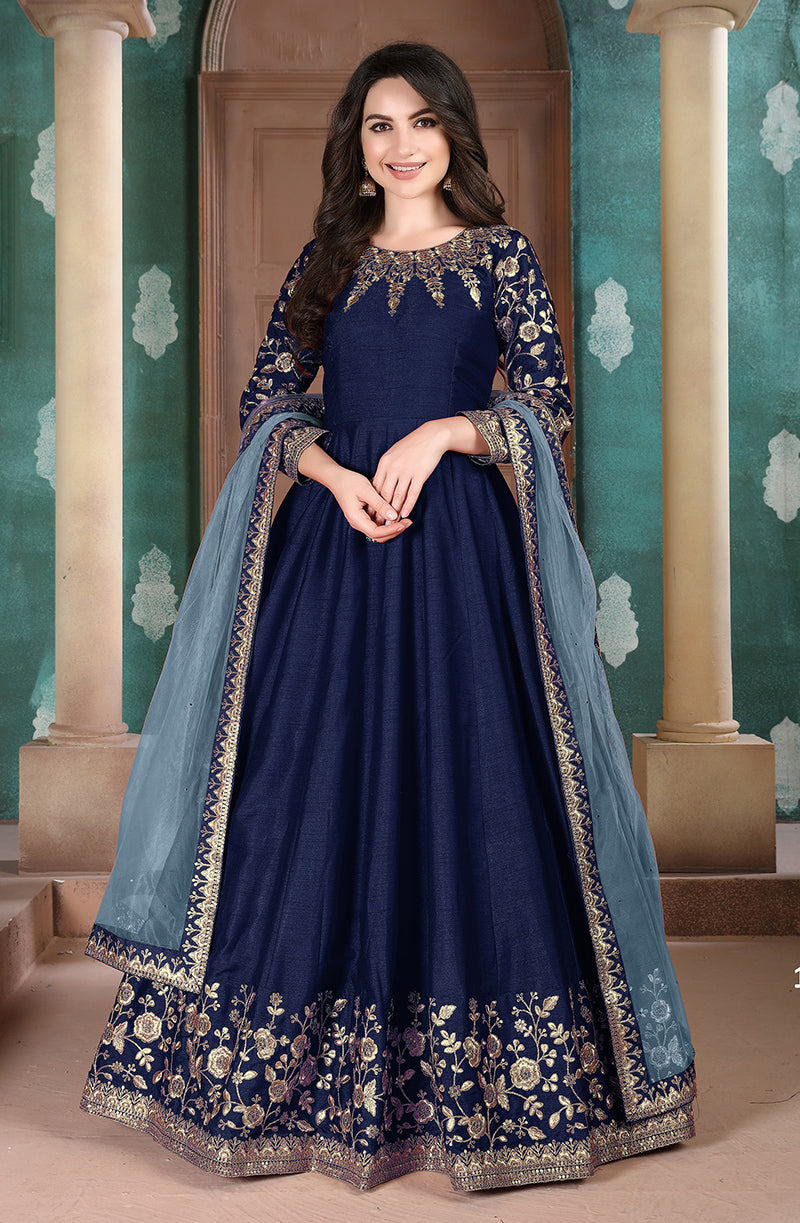 Monjolika Fashion Navy Blue Color Silk Embroidered Anarkali Suit - Distacart