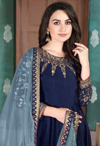 Monjolika Fashion Navy Blue Color Silk Embroidered Anarkali Suit - Distacart