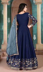 Monjolika Fashion Navy Blue Color Silk Embroidered Anarkali Suit - Distacart
