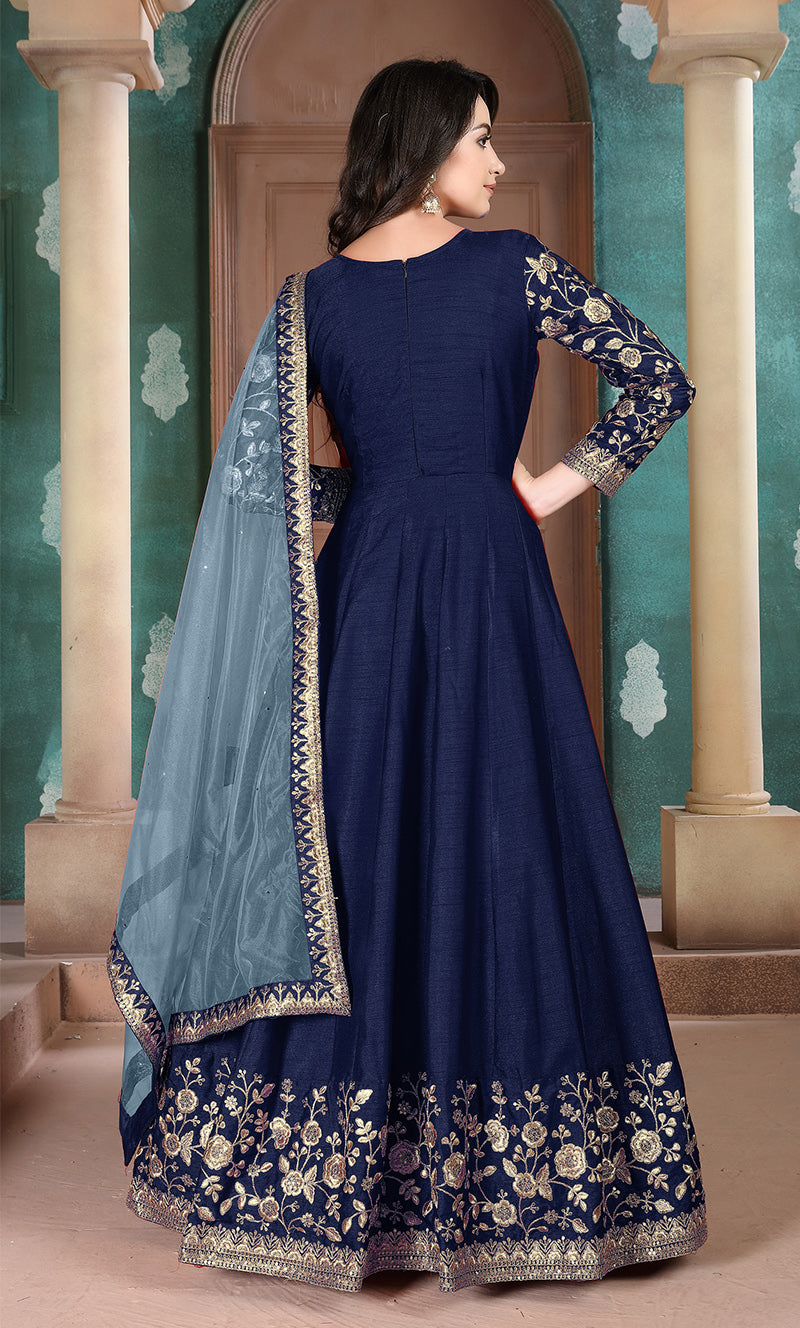Monjolika Fashion Navy Blue Color Silk Embroidered Anarkali Suit - Distacart