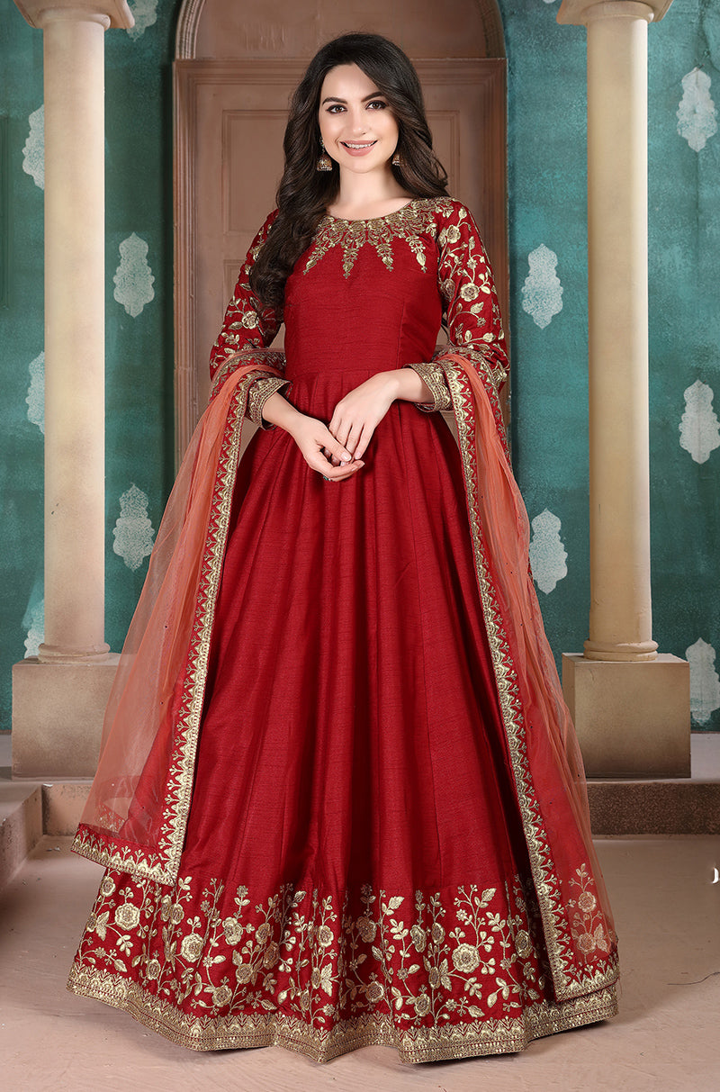 Monjolika Fashion Red Color Silk Embroidered Anarkali Suit - Distacart