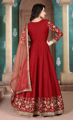 Monjolika Fashion Red Color Silk Embroidered Anarkali Suit - Distacart