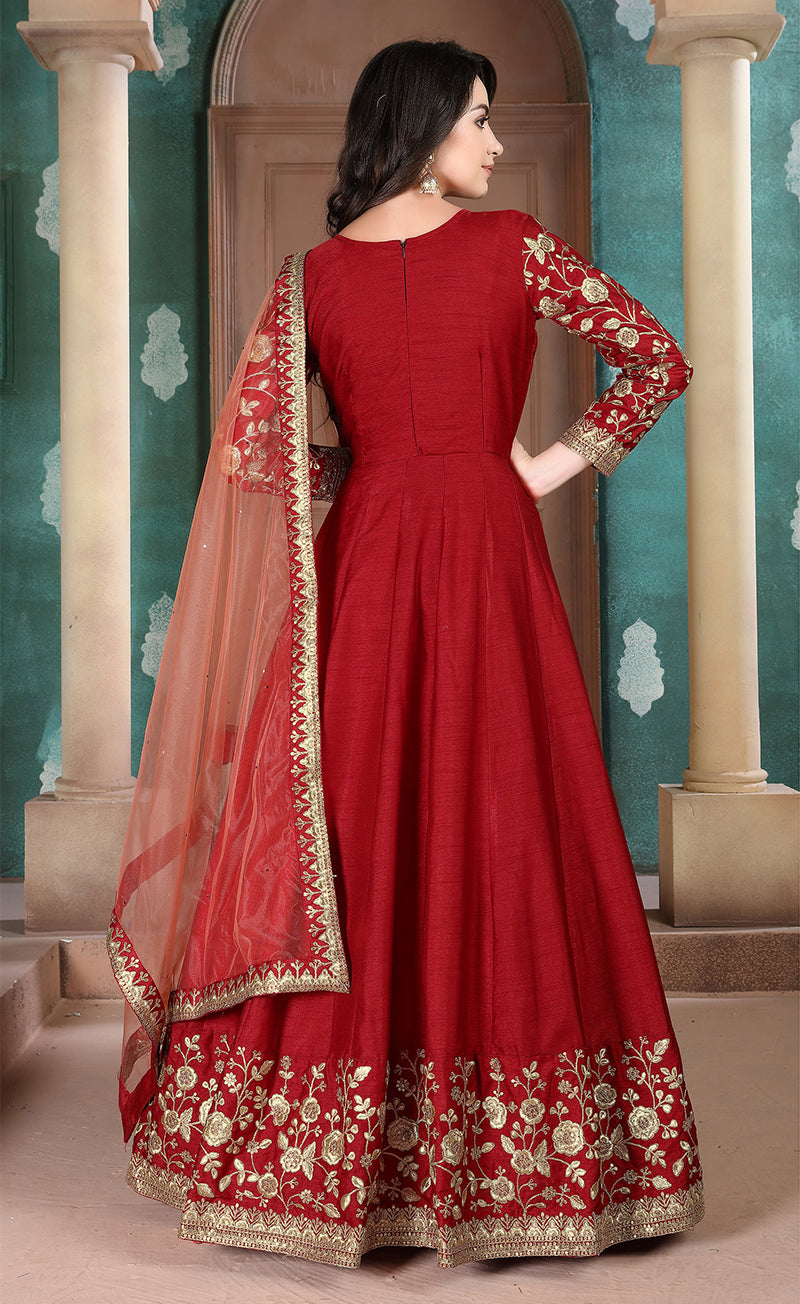 Monjolika Fashion Red Color Silk Embroidered Anarkali Suit - Distacart