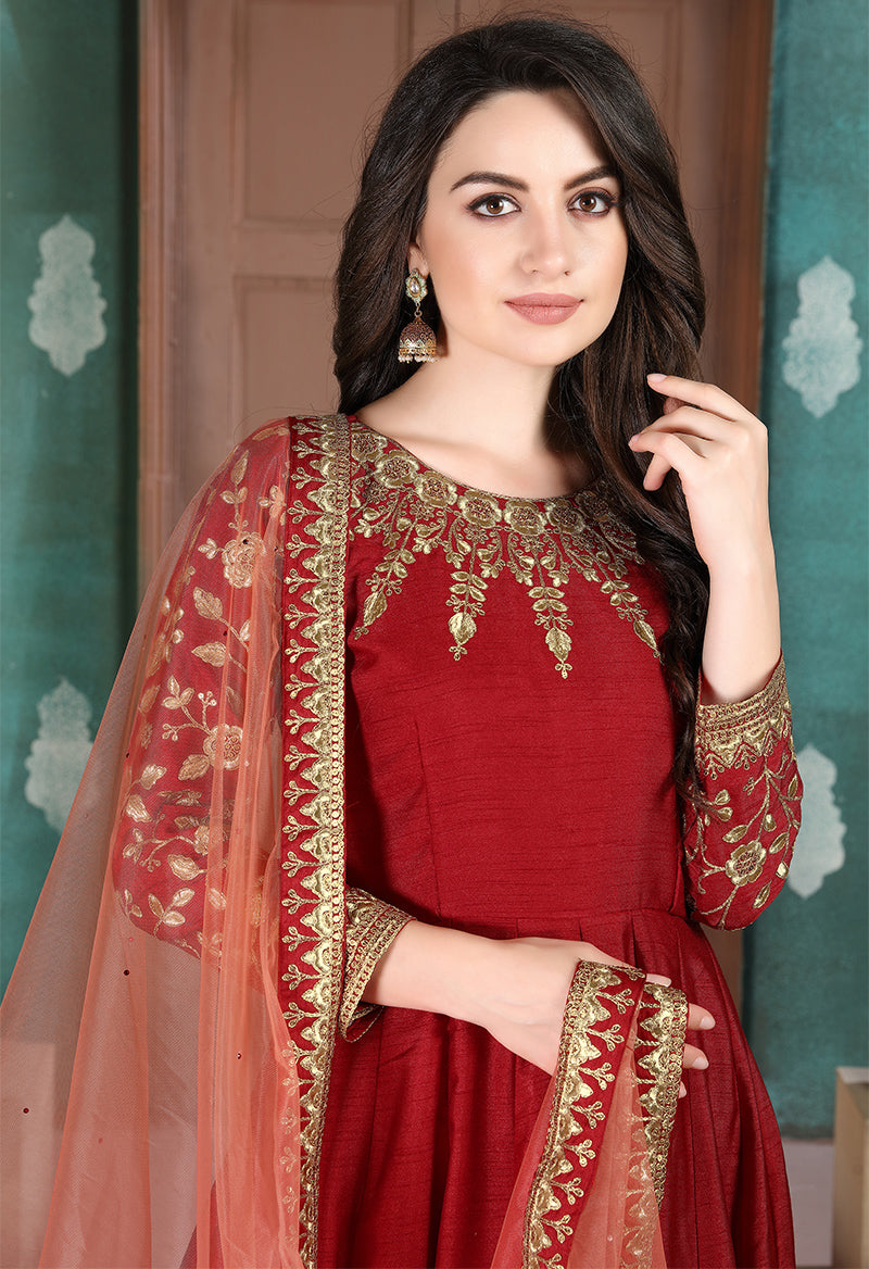 Monjolika Fashion Red Color Silk Embroidered Anarkali Suit - Distacart