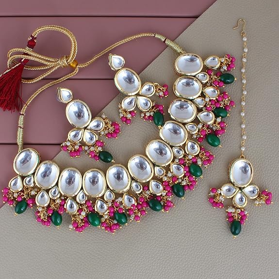 Tehzeeb Creations Back Meenakari Gold-Polished Multi Color Tika Earring Combo Uncut Big Faux Kundan Choker Necklace set